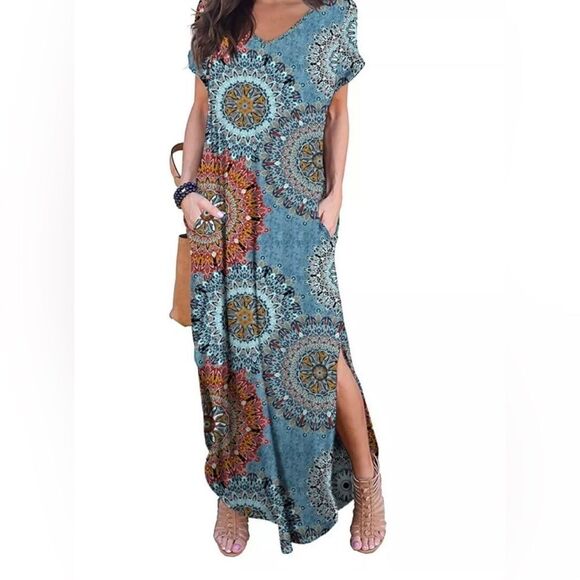 Grecerelle NWT women’s blue mandala print BoHo maxi dress plus size 2X - Picture 1 of 6